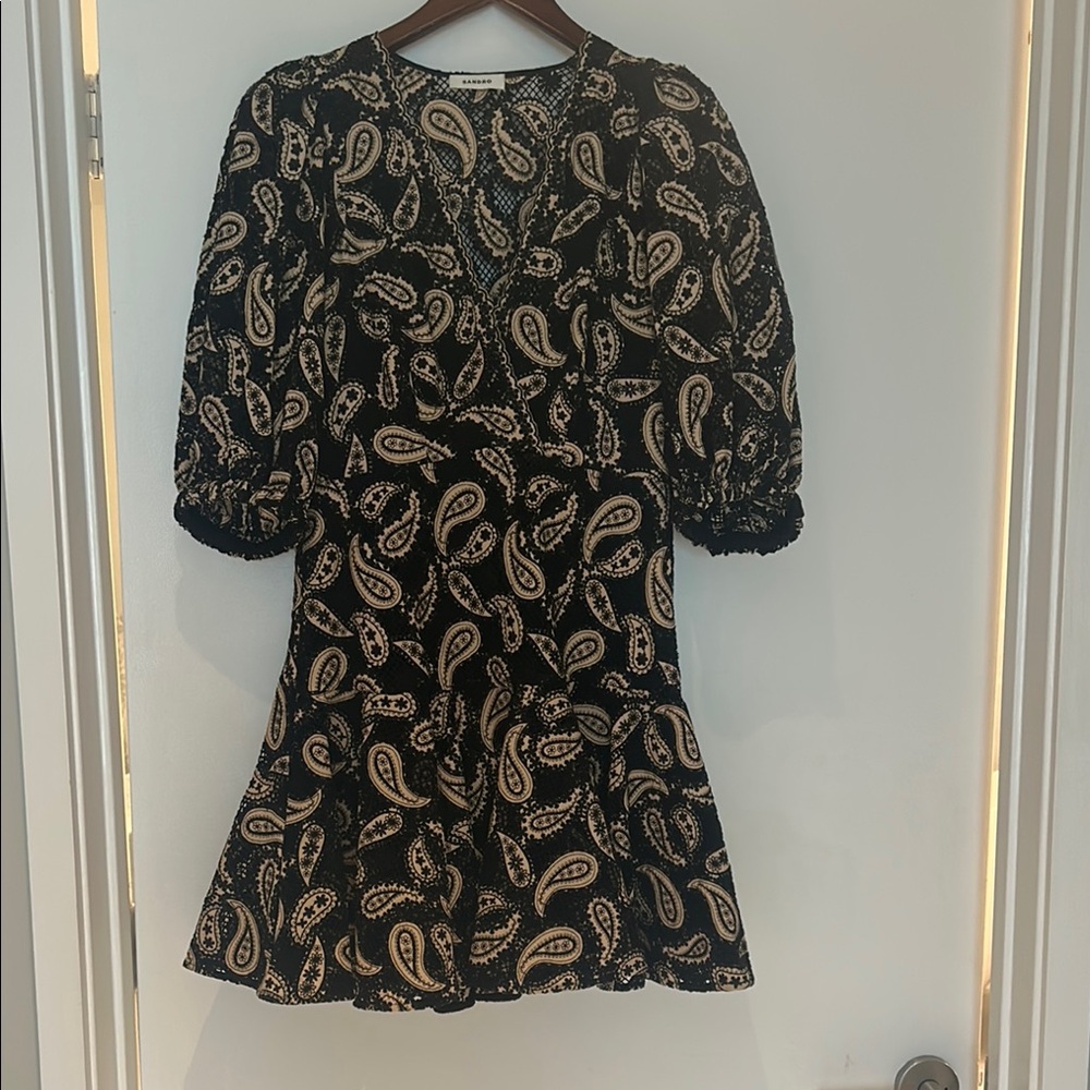 Sandro Black and Cream A-line Puff Sleeve Dress